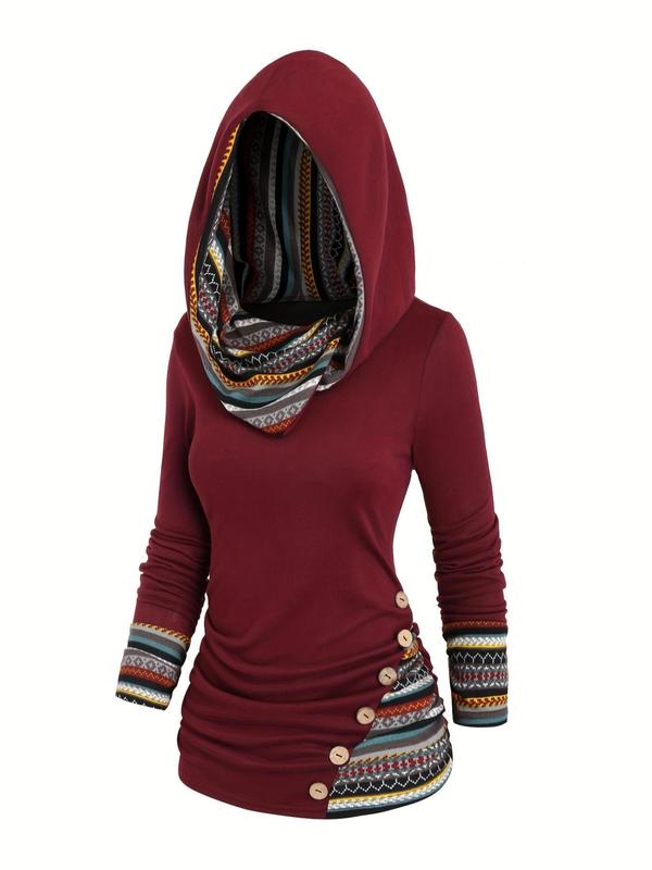 Women's Patchwork Ethnic Pattern Fake Buttons Decor Hoodie, Boho Fashion Long Sleeve Hooded Sweatshirt for Fall & Winter, Women's Clothes for Daily Wear, Going out Tops 2000s