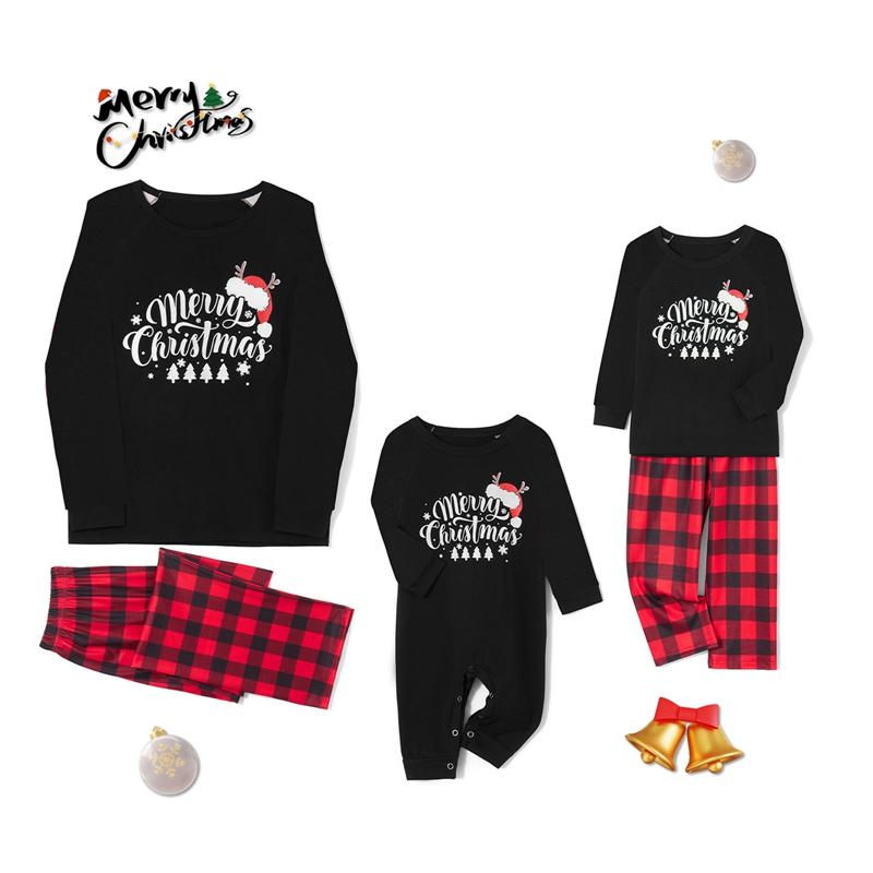 Family Matching Christmas Pajamas, Romper Letter Print Long Sleeve Tops and Plaid Pants Sleepwear Set