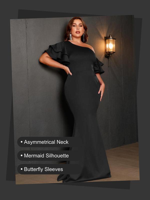  Layered Sleeve Asymmetrical Neck Mermaid Dress, Elegant Butterfly Sleeve Evening Party Gown, Women's Clothes for All Seasons, Dresses for Women, Birthday Dresses 2024, Plus Size Dresses, Formal Dresses, Elegant Dresses