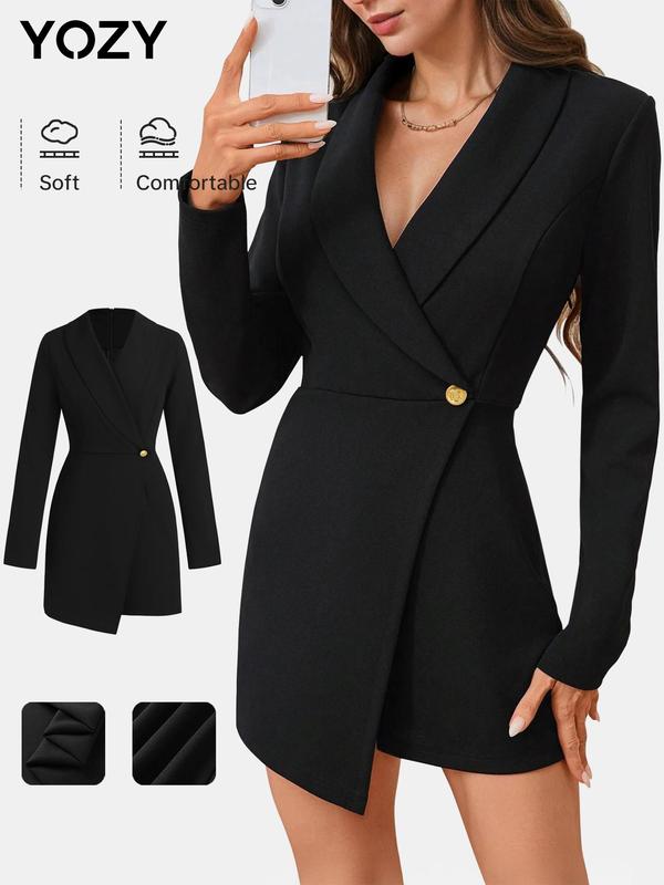 YOZY Christmas Deals, Women's Solid Button Shawl Collar Romper, Elegant Asymmetrical Long Sleeve Zipper Romper for Work Office Business, Ladies Clothes for All Seasons, Christmas 2024 Trend, Fall & Winter Clothes