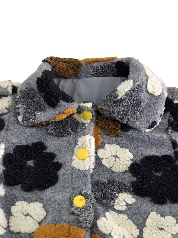 Women's Floral Button Front Drop Shoulder Plush Jacket, Casual Long Sleeve Collared Fuzzy Outerwear for Fall & Winter, Ladies Clothes for Daily Wear