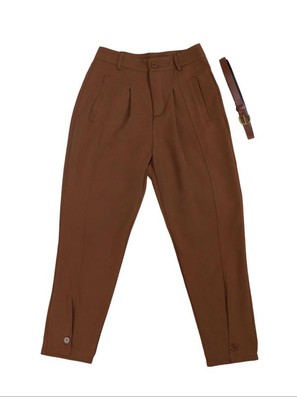 Women's Solid Plicated Pocket Button Pants with Belt, Casual High Waist Trousers for Spring & Fall, Women's Bottoms for Daily Wear