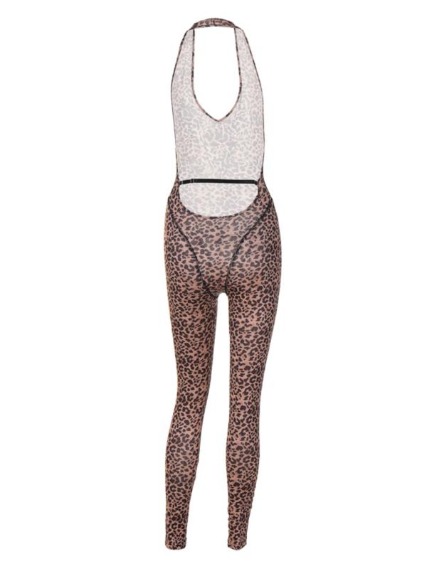 Women's Leopard Print Backless Halter Jumpsuit, Casual Sleeveless Skinny Jumpsuit for Summer, Ladies 90s Clothes for Party Club