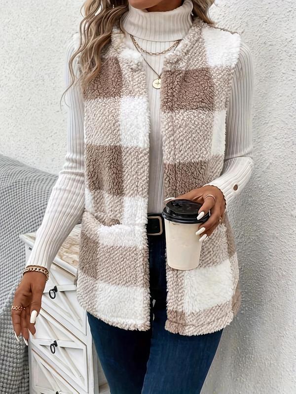 Plaid Print Pocket Fuzzy Vest Coat, Fall Outfits, Fallfreshness Casual Sleeveless Round Neck Outerwear for Fall & Winter, Women's Plus Size Clothes for Daily Wear