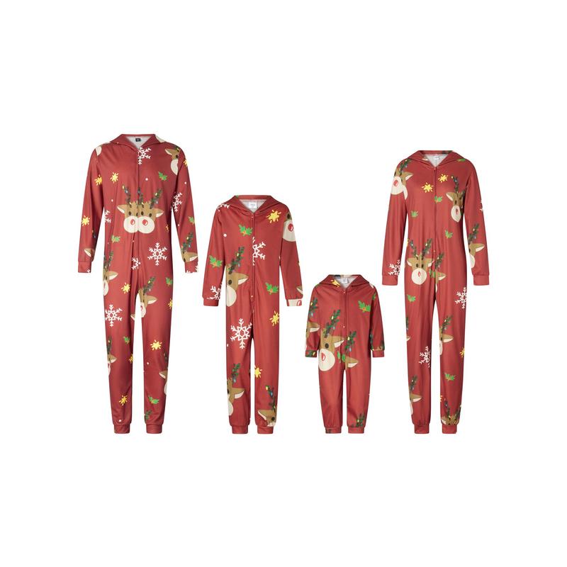 Christmas Family Matching Jumpsuit, Long Sleeve Hooded Elk Print Zipper Closure Loungewear