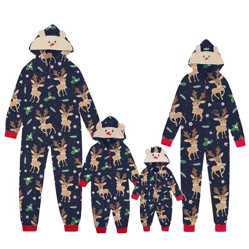 Christmas Family Matching Jumpsuit, Long Sleeve Hooded Elk Print Zipper Closure Loungewear