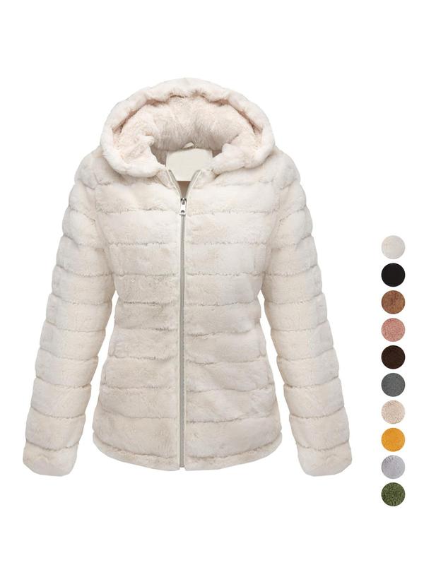 Women's Solid Pocket Zip Up Faux Fur Jacket, Casual Long Sleeve Hooded Outerwear for Fall & Winter, Ladies Clothes for Daily Wear