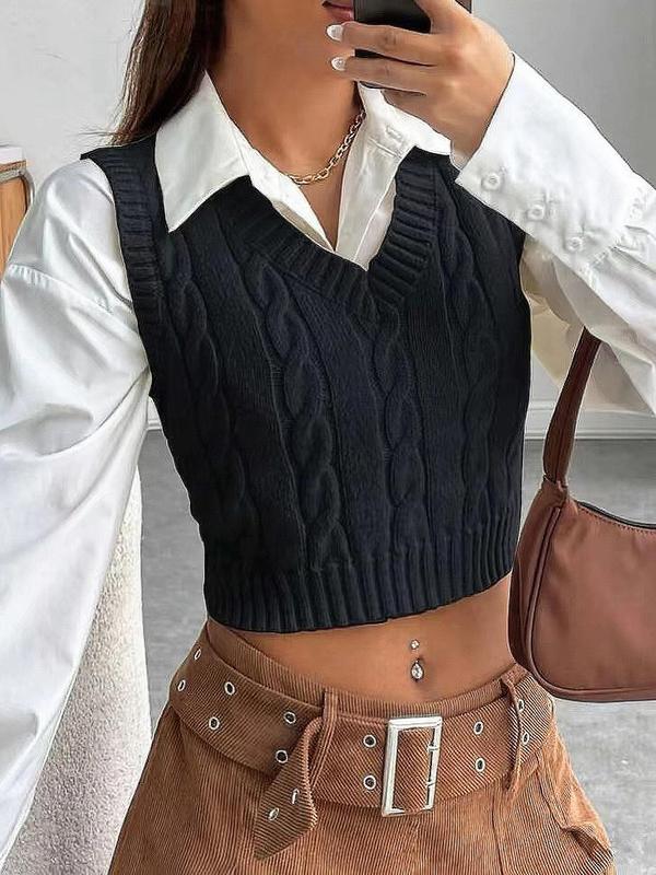 Women's Solid Textured V Neck Crop Sweater Vest Without Shirt, Casual Sleeveless Cropped Knitwear For Spring & Fall, Fashion Cozy Women's Knit Clothing For Daily Wear