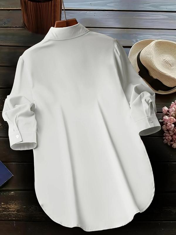  Minimalist Plain Button Front Longsleeves Split Hem Blouse, Lady Basic Casual Comfort Long Sleeve Fake Pocket Collared Shirts Top for Daily Wear, Going Out Tops, Women's Plus Clothing for Fall, Womenswear