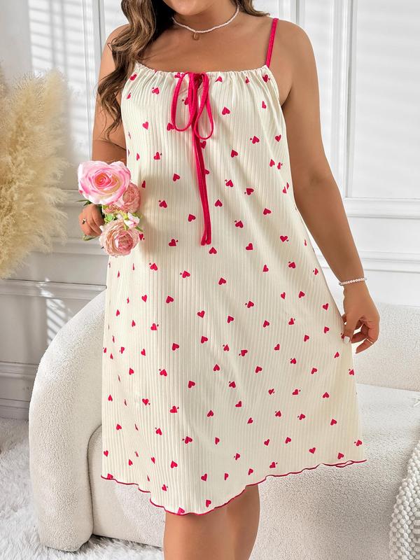 Plus Size Heart Print Tie Front Cami Nightdress, Cute Backless Lettuce Trim Nightgown, Women's Sleepwear For All Seasons