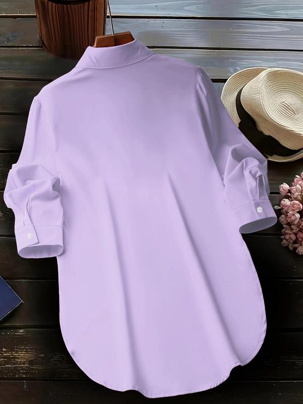  Minimalist Plain Button Front Longsleeves Split Hem Blouse, Lady Basic Casual Comfort Long Sleeve Fake Pocket Collared Shirts Top for Daily Wear, Going Out Tops, Women's Plus Clothing for Fall, Womenswear