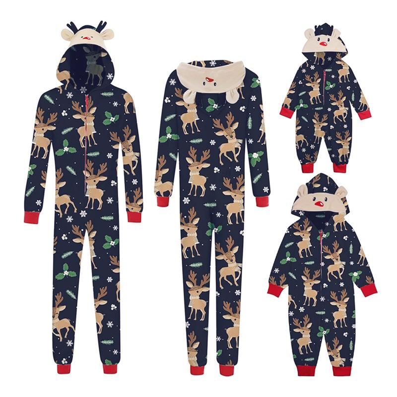 Christmas Family Matching Jumpsuit, Long Sleeve Hooded Elk Print Zipper Closure Loungewear