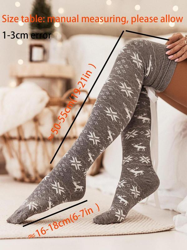 Women's Christmas Themed Print Bow Decor Over The Knee Socks, Casual Comfortable Knee-High Socks for Fall & Winter, Women's Socks for Daily Wear