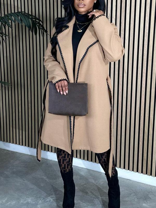 Women's Contrast Binding Belted Lapel Coat, Casual Long Sleeve Outerwear for Fall & Winter, Ladies Clothes for Daily Wear