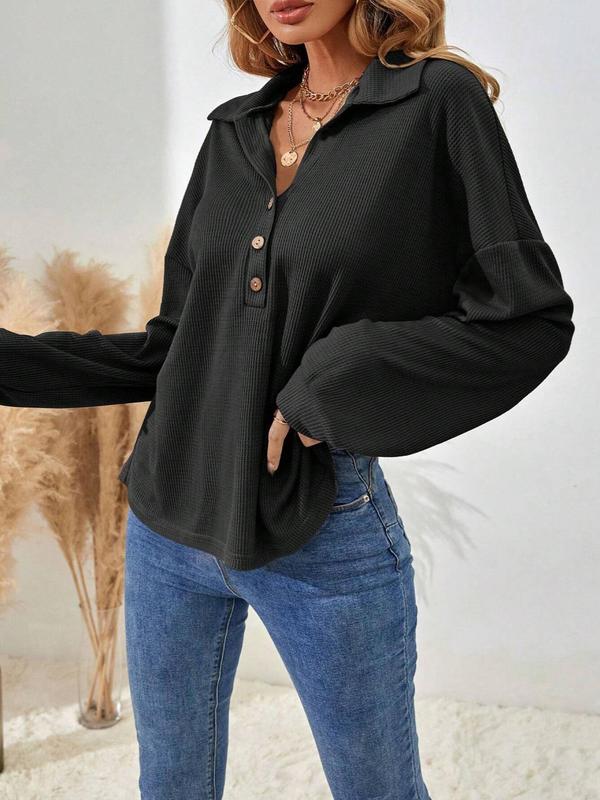 Women's Plain Button Front Drop Shoulder Blouse, Elegant Long Sleeve Polo Neck Top for Fall & Winter, Fall Clothing Women, Going Out Tops, Shirts for Women, Women's Clothing for Daily Wear