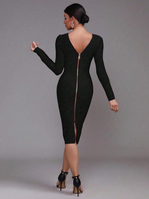 Sexy Bandage Dress Women's Solid Color Back Zipper Deep V Long Sleeved Party Backless Party Mid Length Dress, Holiday Dress 2024