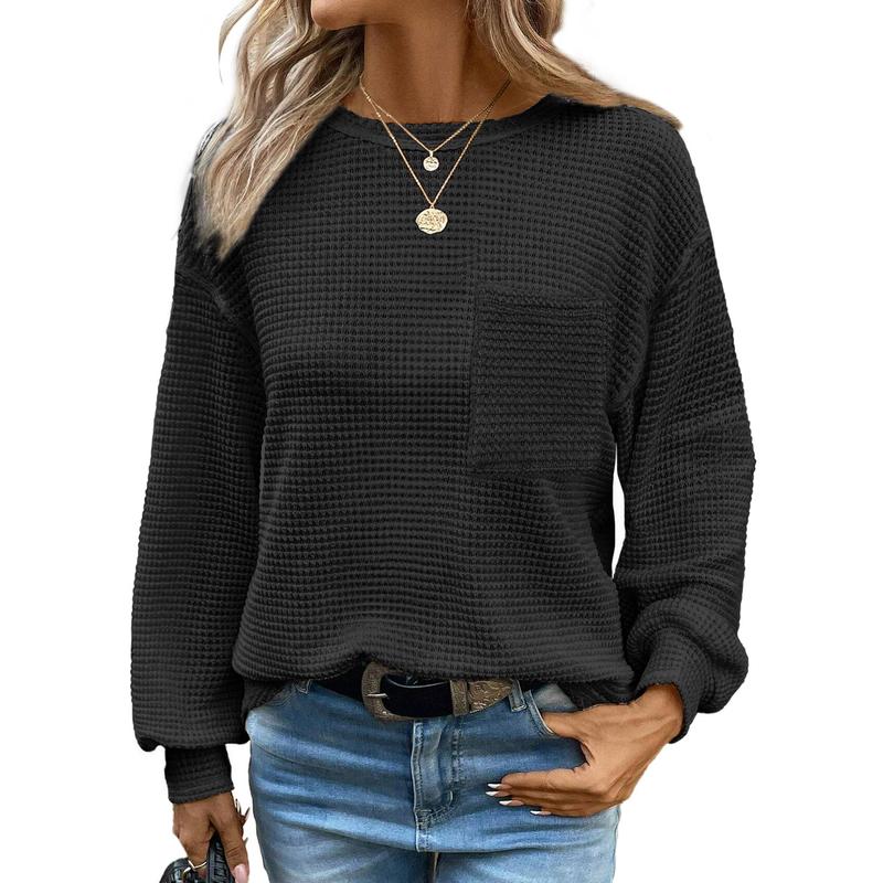 Dokotoo Womens Tops 2024 Oversized Long Sleeve Crewneck Waffle Knit Shirts Business Casual Blouses Basic Shirts