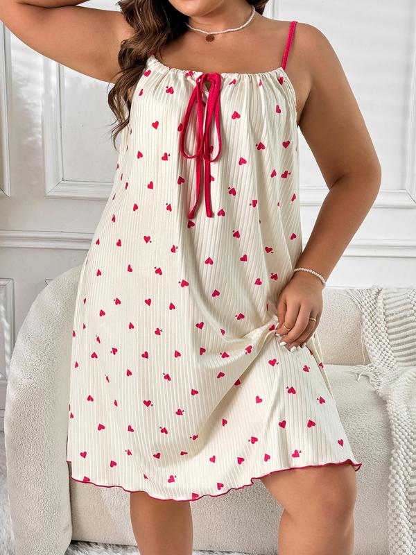 Plus Size Heart Print Tie Front Cami Nightdress, Cute Backless Lettuce Trim Nightgown, Women's Sleepwear For All Seasons