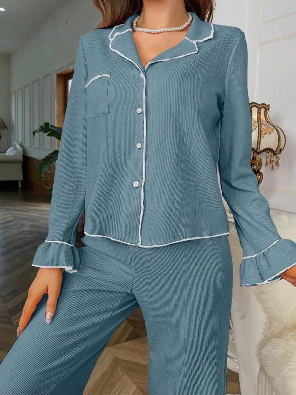 2 Pieces Women's Minimalist Lapel Neck Flounce Sleeve Pocket Blouse & Elastic Waist Pants Pyjama Loungewear Set, Fall Wear, Lady Basic Contrast Binding Button Front Long Sleeve Top & Ruffle Hem Trousers PJ Set, Ladies Sleepwear for All Seasons