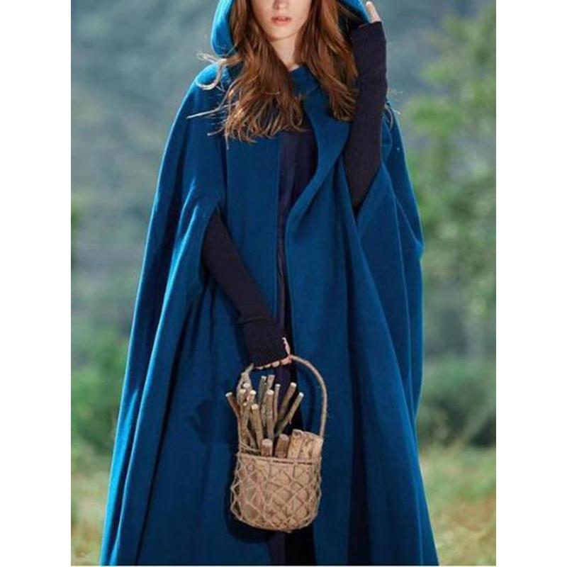 Women Long Hooded Woolen Cloak, Solid Color Vintage Poncho, Black  Grey  Blue  Dark Green Womenswear Coats