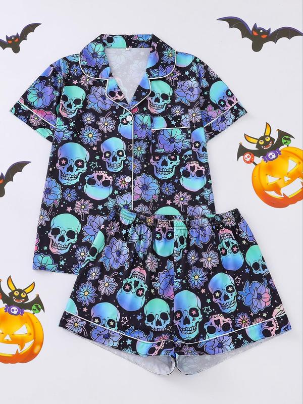 Shopwithjulie Women's Halloween Pumpkin Skull Print Pocket Lapel Blouse & Elastic Waist Shorts Pyjama Loungewear Set, Lady Button Front Short Sleeve Top & Shorts Pj Pants, Christmas Pajamas, Women's Sleepwear for Homewear,  Christmas List Ideas 2025