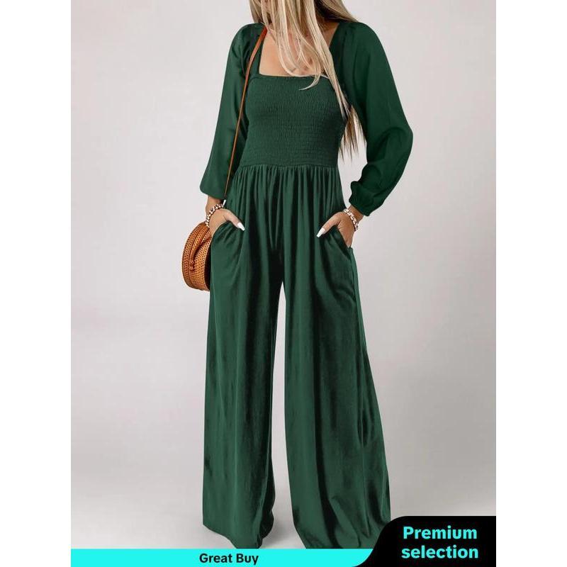 Women's Plain Ruched Shirred Pocket Wide Leg Jumpsuit, Casual Bishop Sleeve Square Neck Jumpsuit for Fall, Ladies Clothes for Daily Wear