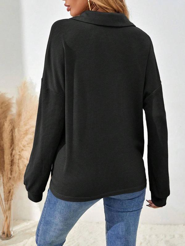 Women's Plain Button Front Drop Shoulder Blouse, Elegant Long Sleeve Polo Neck Top for Fall & Winter, Fall Clothing Women, Going Out Tops, Shirts for Women, Women's Clothing for Daily Wear