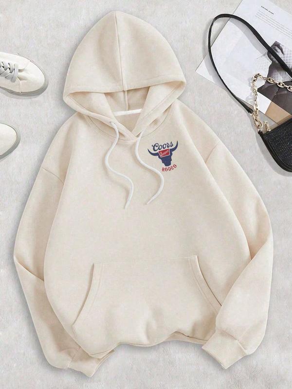 Women's Cowboy & Letter Print Drop Shoulder Hoodie, Fashion Casual Drawstring Pocket Hooded Sweatshirt for Daily Holiday Outdoor Wear, Ladies Clothes for Fall & Winter