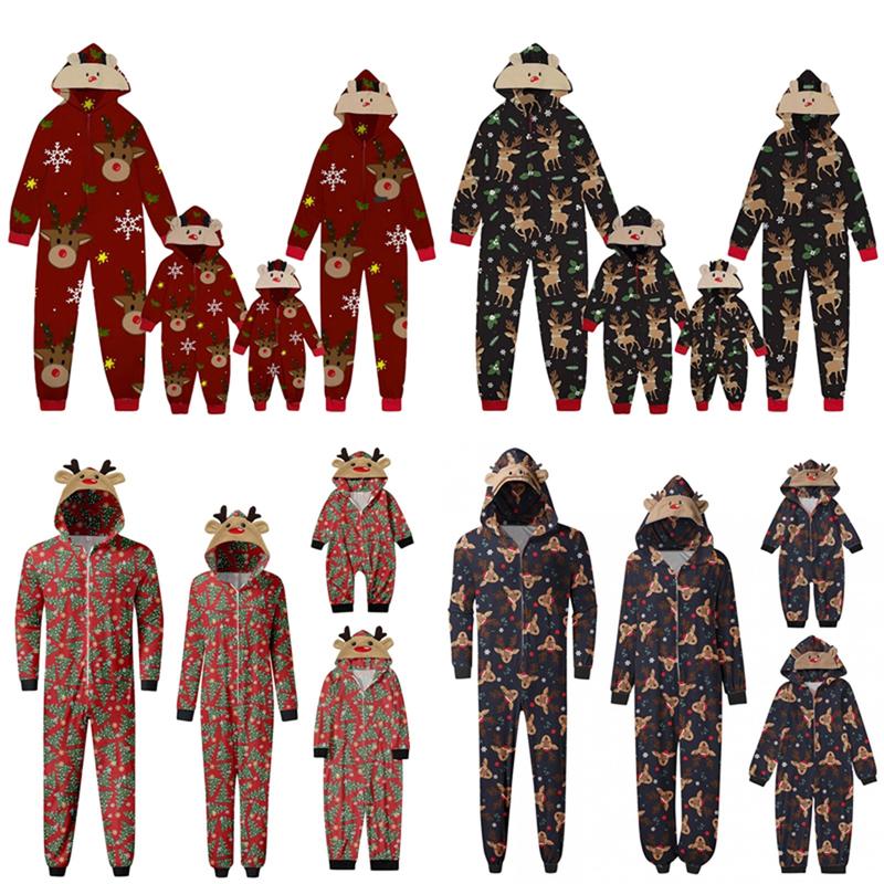 Christmas Family Matching Jumpsuit, Long Sleeve Hooded Elk Print Zipper Closure Loungewear