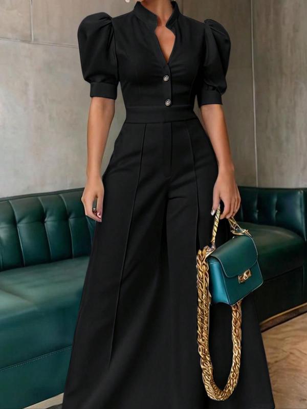  Notched Neck Puff Sleeve Jumpsuit, Elegant Short Sleeve Wide Leg Jumpsuit for Party Holiday Vacation, Women's Clothes for Summer