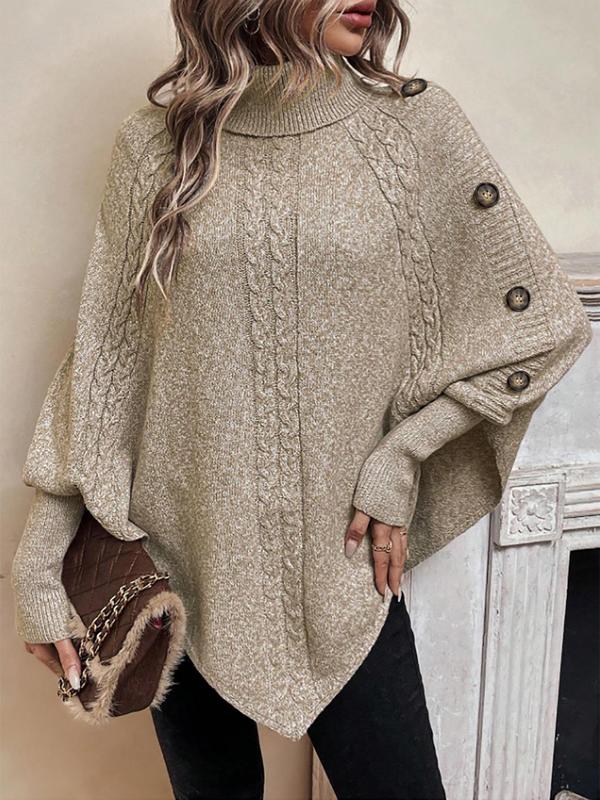 Women's Plain Fake Buttons Batwing Sleeve Sweater, Fall Outfits, Earthtone Fallfreshness, Sweater for Women, Casual Long Sleeve High Neck Jumper for Fall & Winter, Fashion Ladies' Knitwear for Daily Wear, Going Out Outfits