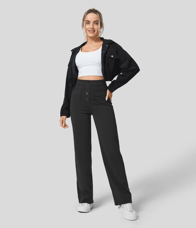 halara High Waisted Button Multiple Pockets Straight Leg Casual Pants