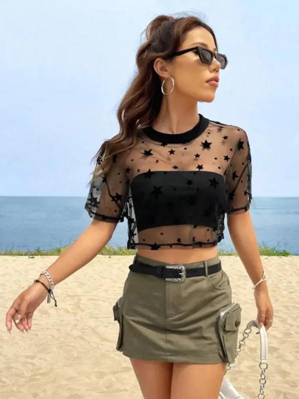 Women's Star Print Sheer Mesh Crop Top, Fashion Casual Drop Shoulder Short Sleeve Tulle Top for Party Holiday, Ladies Clothes for All Seasons