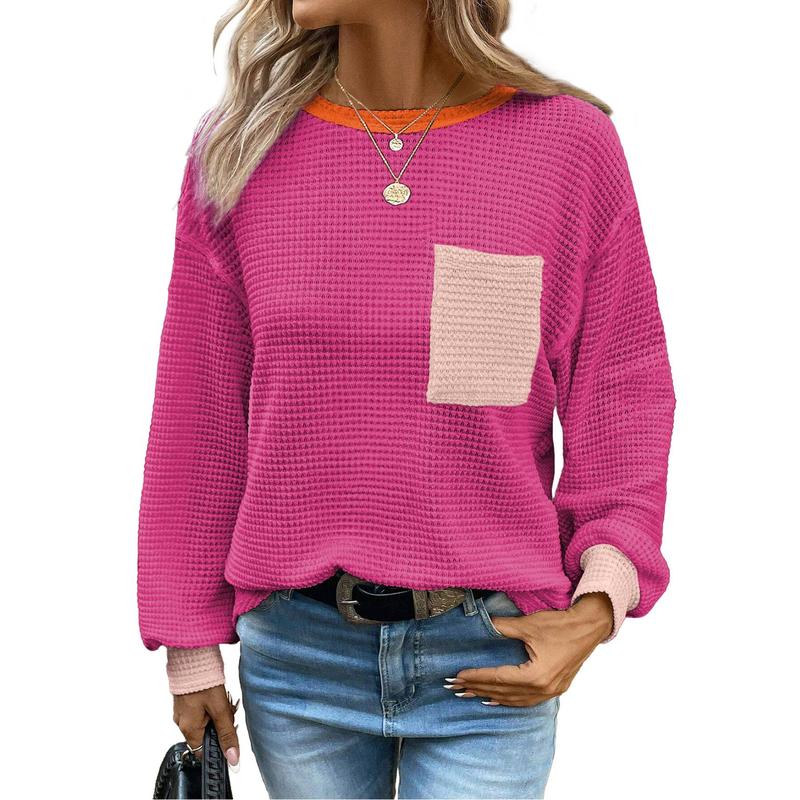 Dokotoo Womens Tops 2024 Oversized Long Sleeve Crewneck Waffle Knit Shirts Business Casual Blouses Basic Shirts