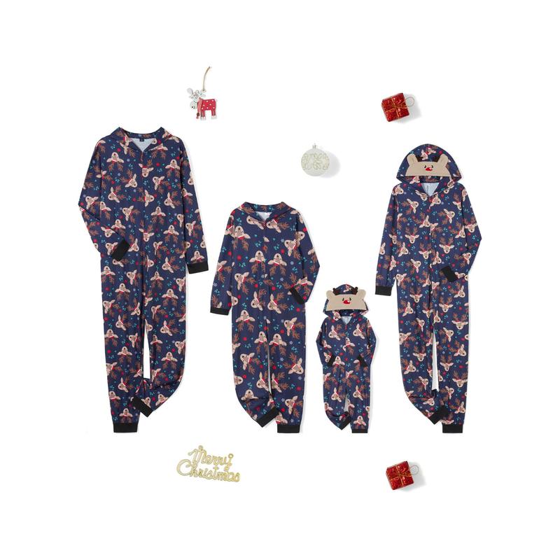 Christmas Family Matching Jumpsuit, Long Sleeve Hooded Elk Print Zipper Closure Loungewear