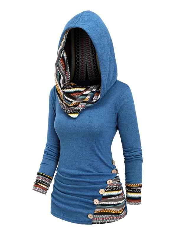 Women's Patchwork Ethnic Pattern Fake Buttons Decor Hoodie, Boho Fashion Long Sleeve Hooded Sweatshirt for Fall & Winter, Women's Clothes for Daily Wear, Going out Tops 2000s