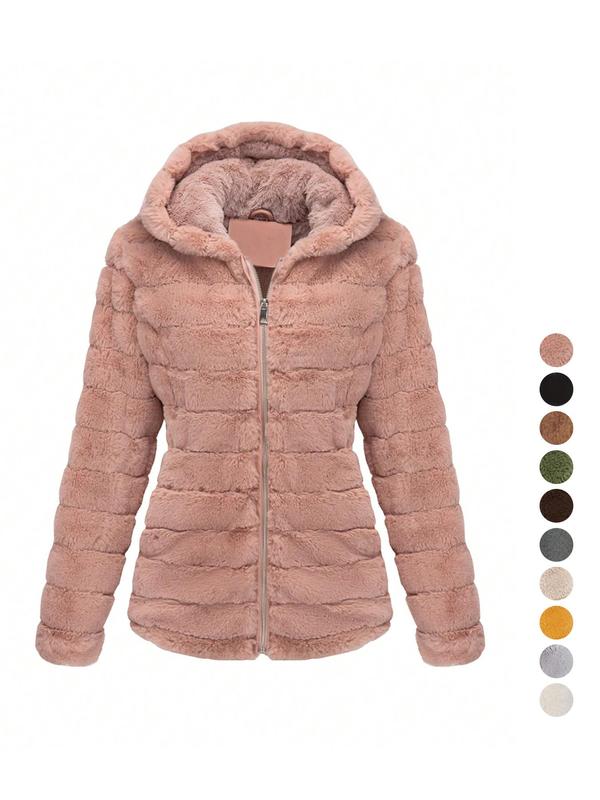 Women's Solid Pocket Zip Up Faux Fur Jacket, Casual Long Sleeve Hooded Outerwear for Fall & Winter, Ladies Clothes for Daily Wear