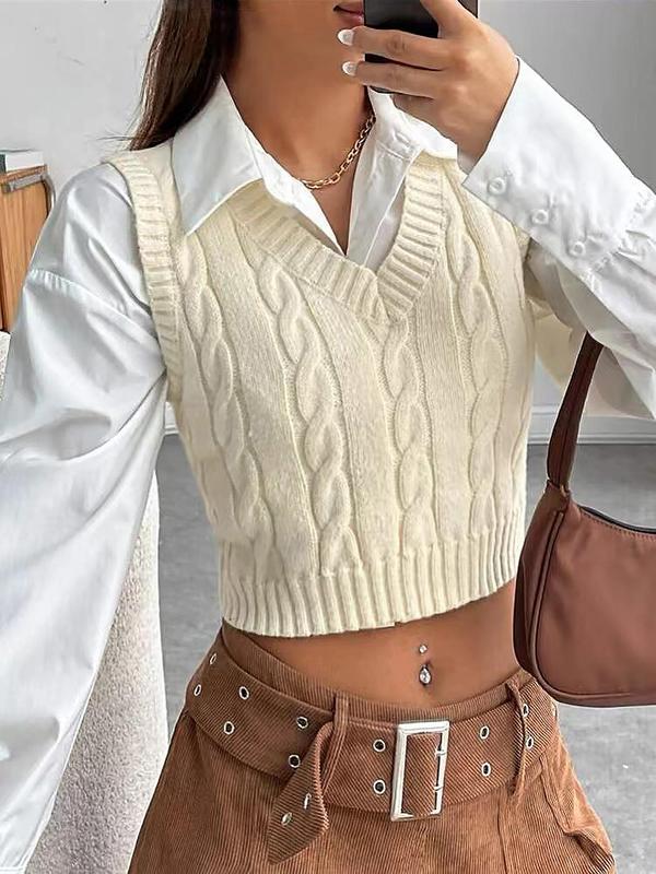 Women's Solid Textured V Neck Crop Sweater Vest Without Shirt, Casual Sleeveless Cropped Knitwear For Spring & Fall, Fashion Cozy Women's Knit Clothing For Daily Wear