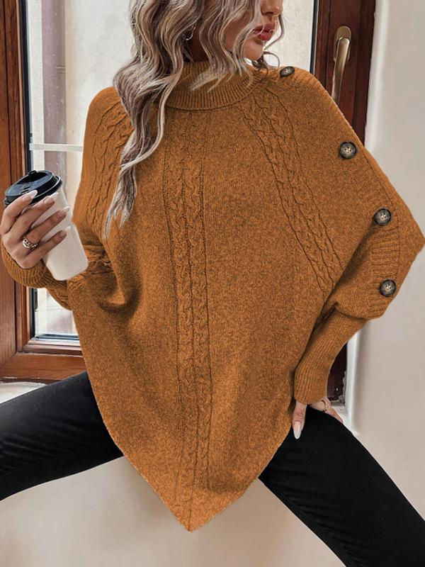 Women's Plain Fake Buttons Batwing Sleeve Sweater, Fall Outfits, Earthtone Fallfreshness, Sweater for Women, Casual Long Sleeve High Neck Jumper for Fall & Winter, Fashion Ladies' Knitwear for Daily Wear, Going Out Outfits