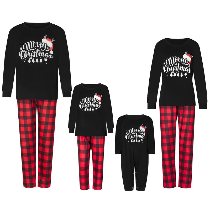 Family Matching Christmas Pajamas, Romper Letter Print Long Sleeve Tops and Plaid Pants Sleepwear Set