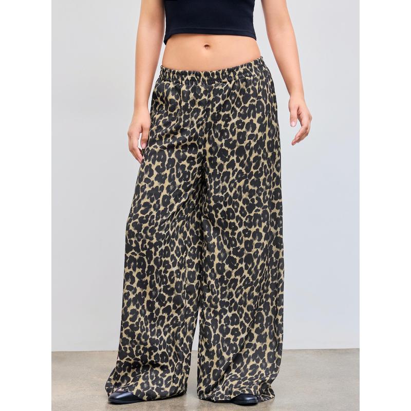 Cider [3 colors, size 0-24] Mid Rise Elastic Waist Leopard Wide Leg Trousers