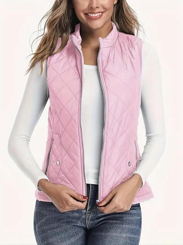 Women's Solid Zip Up Quilted Vest Coat, Casual Tops, Pocket Design Sleeveless Outerwear for Fall & Winter, Winter Clothes Women, Women's Clothing for Daily Wear