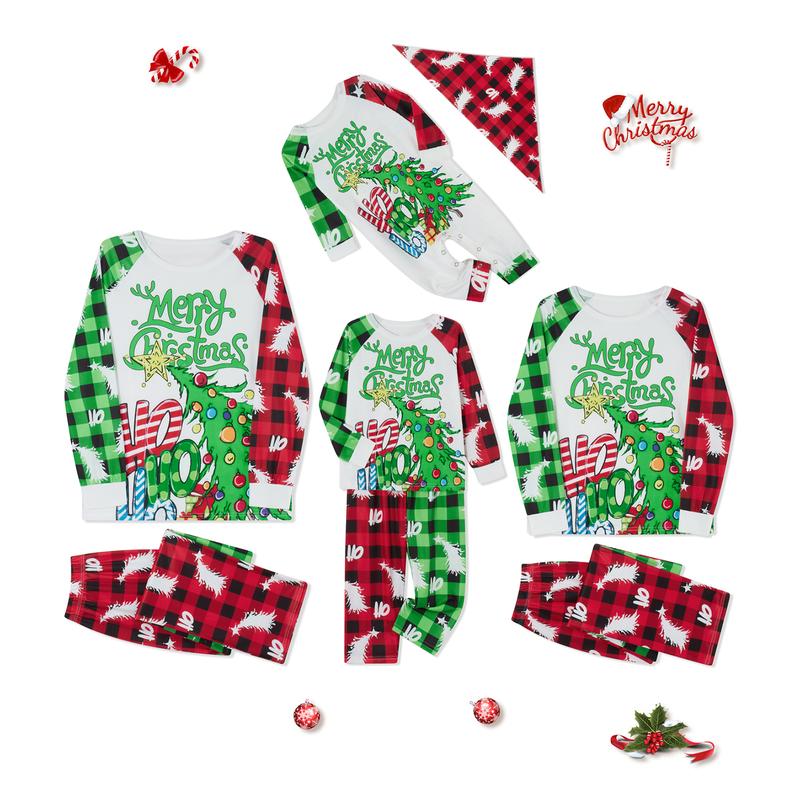 Green Matching Christmas Pajamas For Familyt, Long Sleeve Tree Letters Print T-shirt with Plaid Pants Sleepwear Loungewear