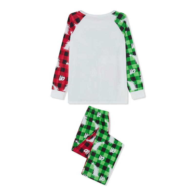 Green Matching Christmas Pajamas For Familyt, Long Sleeve Tree Letters Print T-shirt with Plaid Pants Sleepwear Loungewear