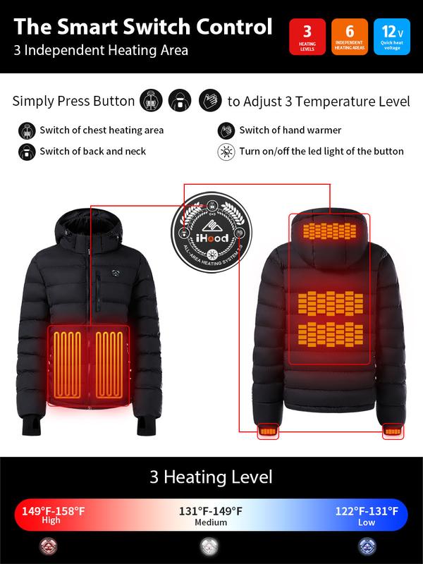 iHood Women's Heated Puffer Jacket With 12V Battery Pack, Insulated Hooded Hand-Heating Electric Heating Jacket