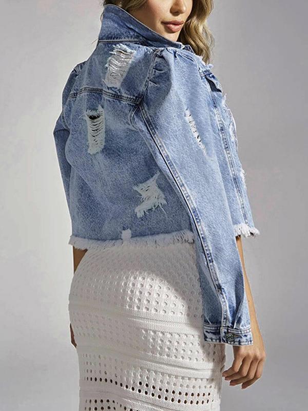 Fall Women's Solid Button Front Ripped Raw Hem Crop Denim Jacket, Fashion Casual Long Sleeve Collared Jacket for Daily Outdoor Wear, S-3XL, Winter Clothes Women, Ladies Back To School Summer Outfits 2024