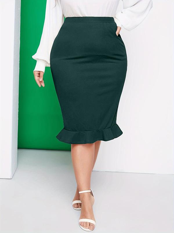 Plus Size Solid Ruffle Hem Pencil Skirt, Elegant High Waist Midi Skirt For Work Office Business, Women's Plus Size Bottoms For All Seasons