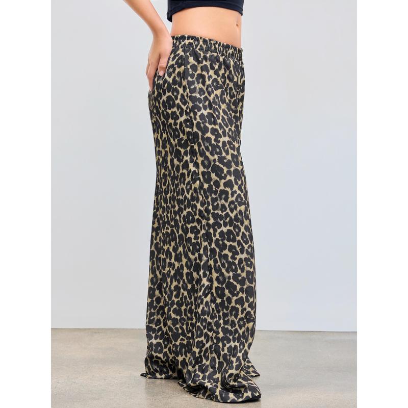 Cider [3 colors, size 0-24] Mid Rise Elastic Waist Leopard Wide Leg Trousers