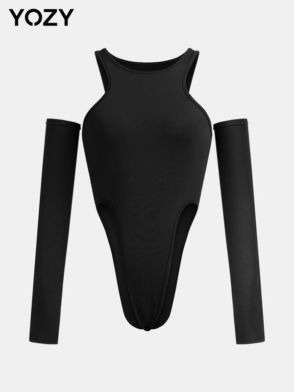 YOZY Women's Cut Out Long Sleeve Crewneck Shapewear Bodysuit, Lady Basic Minimalist Solid Round Neck Long Sleeve Bodysuit, Ladies Comfort Clothes for Spring & Fall Holiday, Longsleeves Womenswear