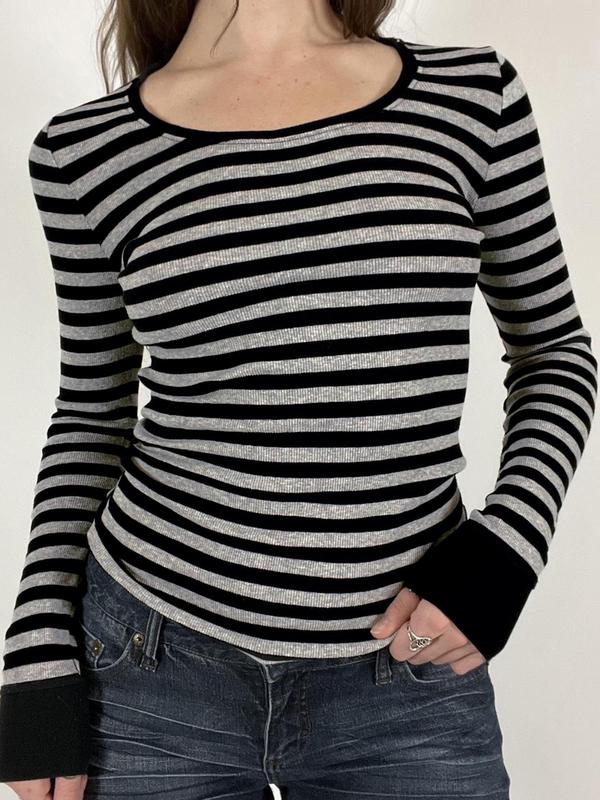 Women's Striped Print Scoop Neck Ribbed Tee, Casual Long Sleeve T-shirt for Fall & Winter, Women's Clothing for Daily Wear